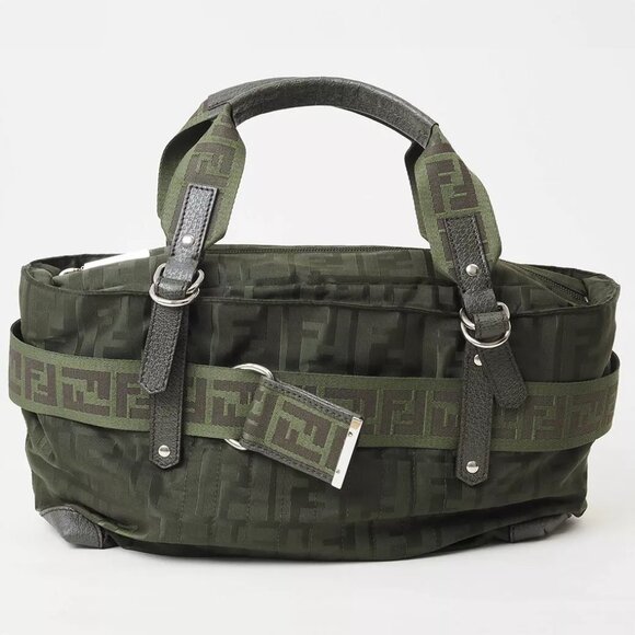 FENDI Zucca Nylon Tote Bag Khaki Ladies FF Pattern Handbag 450-013125 - Picture 1 of 12